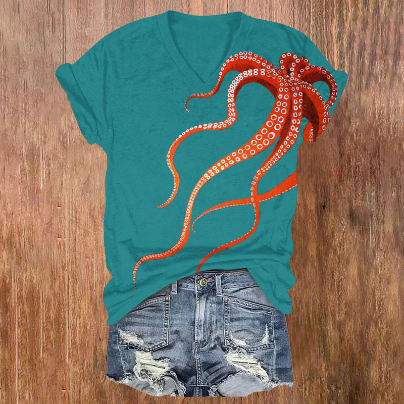 Ocean Octopus Print V-neck T-shirt - Green - US32-34(5XL) - image 3