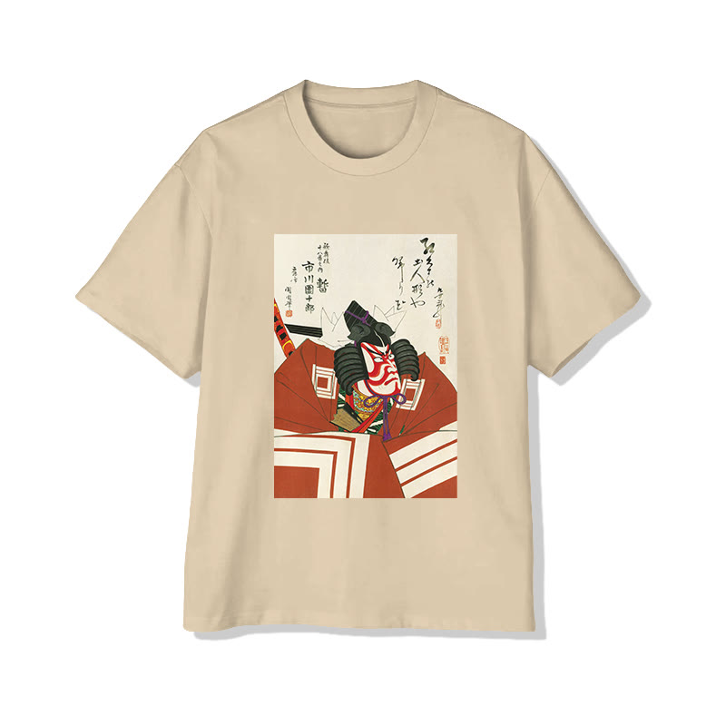 Ukiyo-e Samurai Art Print Short Sleeved Crew Neck T-shirt - Apricot - 2XL - image 3