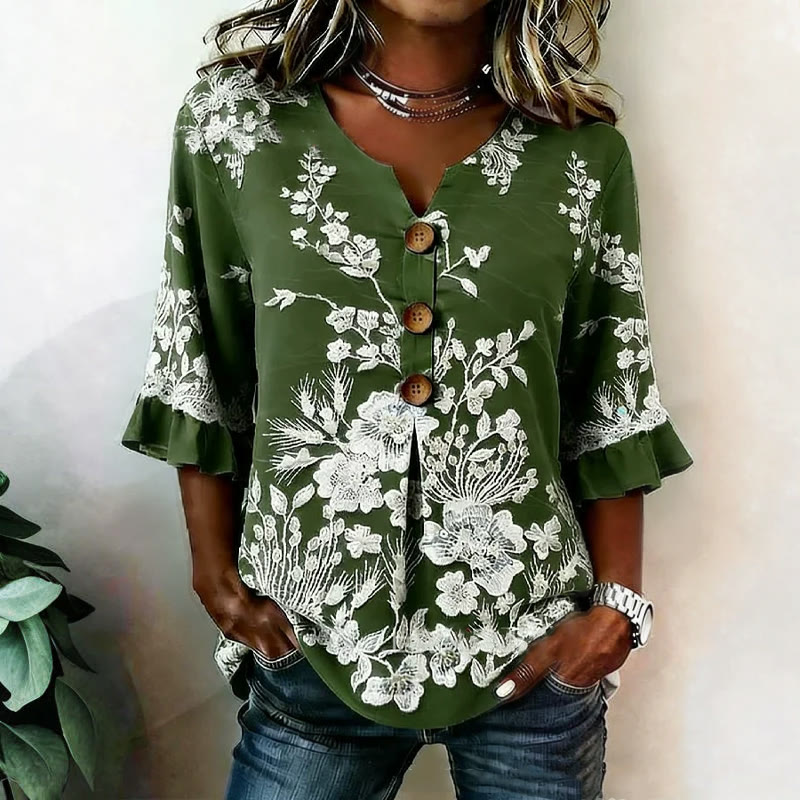 Pastoral Floral Lace Pattern Print Button V-neck Blouse With Ruffle Sleeves - Dark Green - US 22 (4XL) - image 3