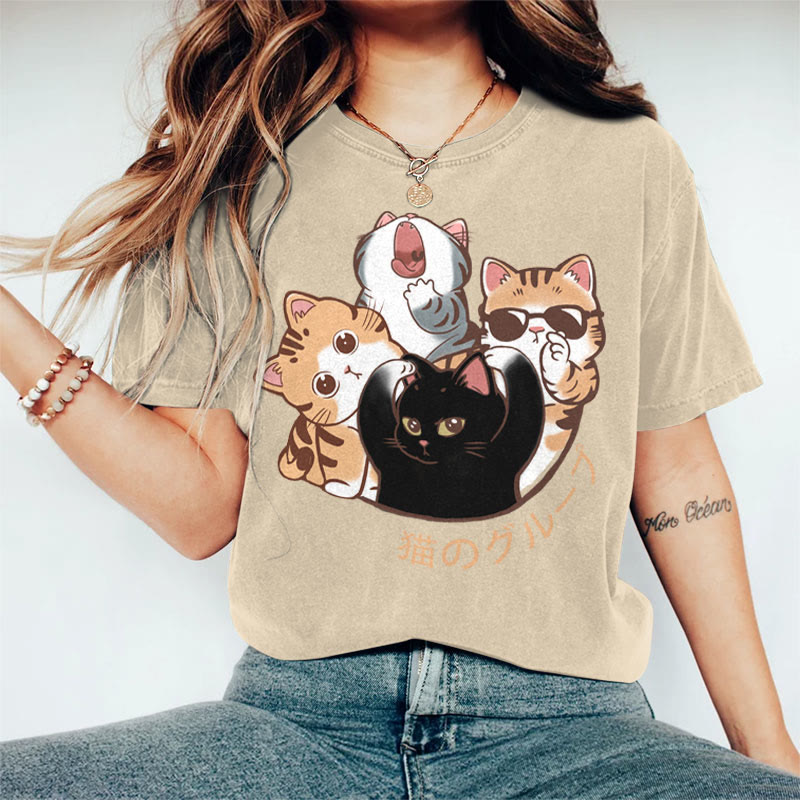 100% Cotton Women's Japanese Lovely Cat Family Art Print Casual T-shirt - Khaki - 2XL - image 5