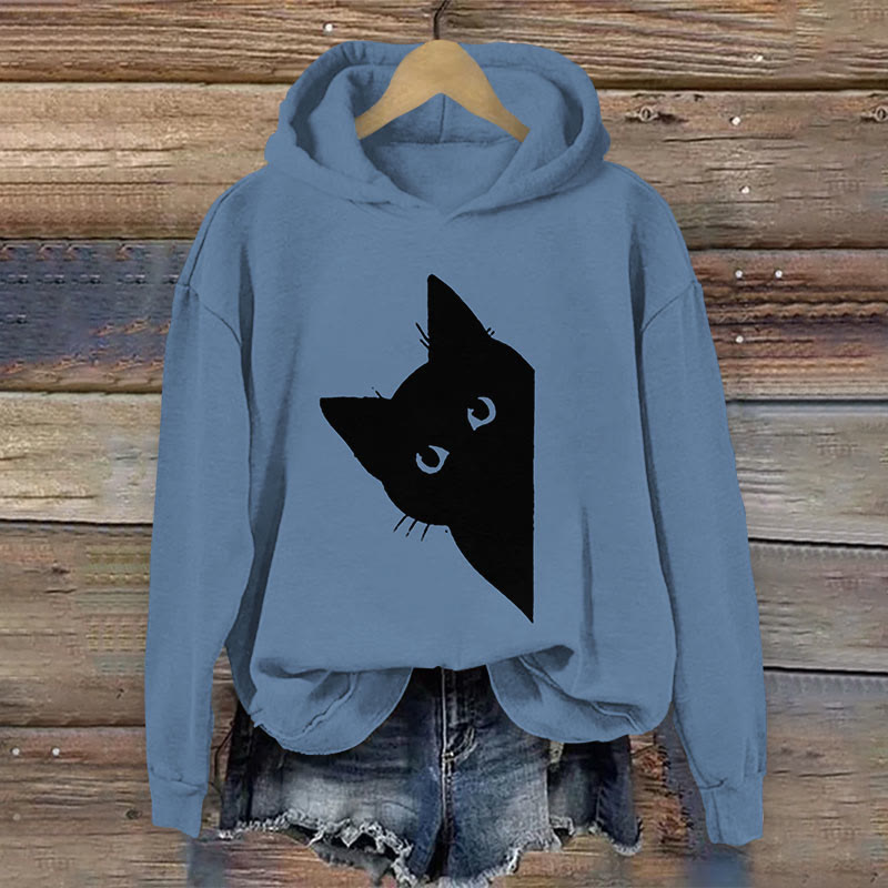 Women's Lovely Peeping Black Kitten Art Print Long Sleeve Hoodie - Blue - 8XL - image 2