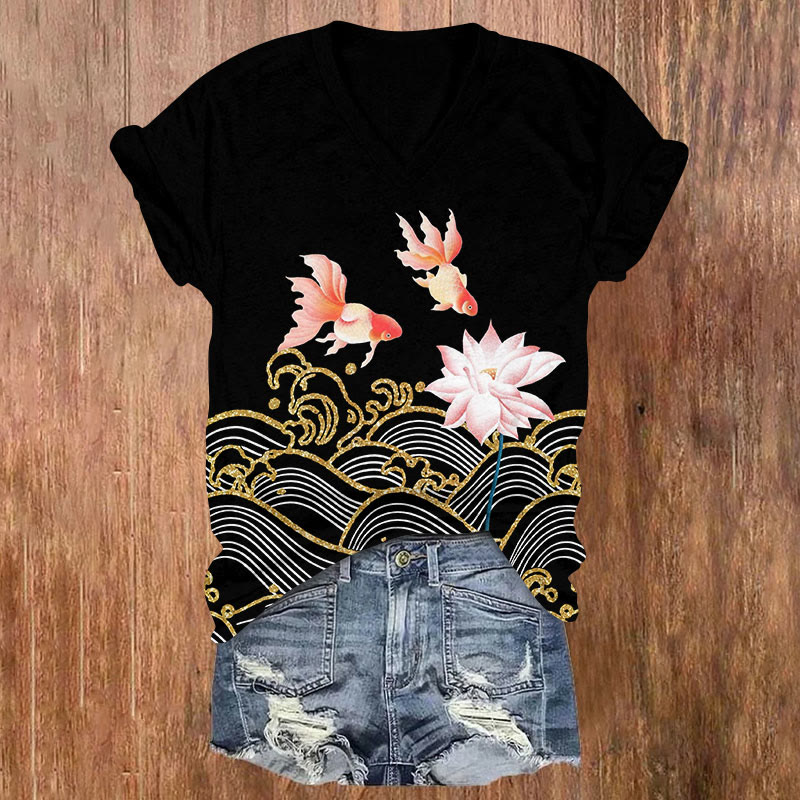 Japanese Wave Lotus Blossom & Goldfish Art Print V-neck T-shirt - Black - US32-34(5XL) - image 2