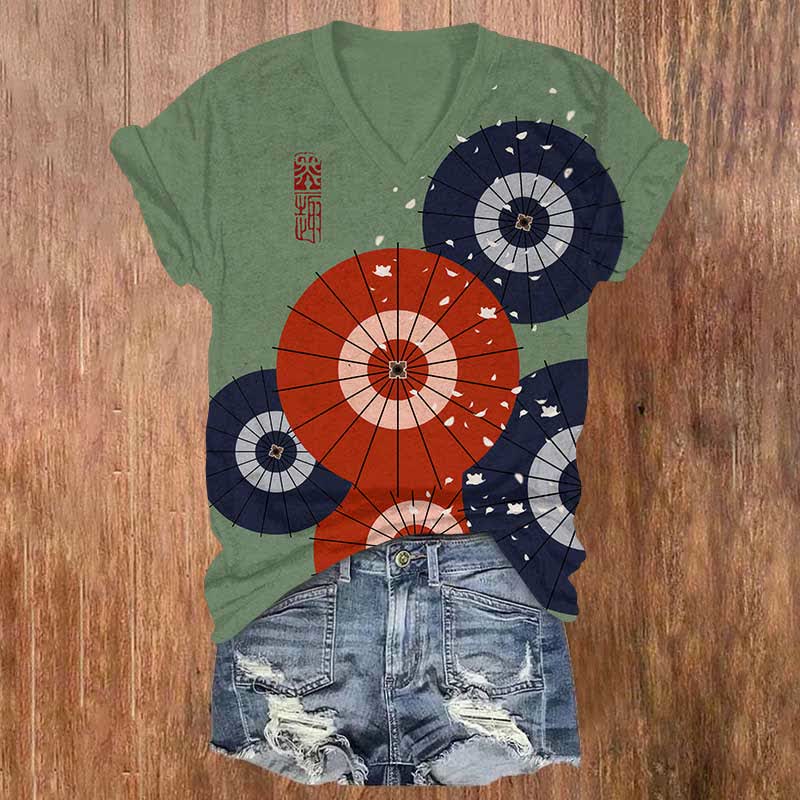 Japanese Sakura Oil Paper Umbrella Art Print V-neck T-shirt - Green - US32-34(5XL) - image 3