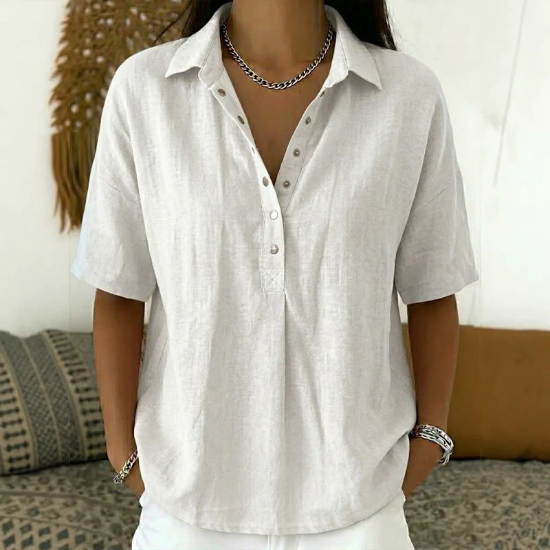 Simple Cozy Solid-color Button-up Short-sleeve Polo Blouse - White - 3XL - image 3