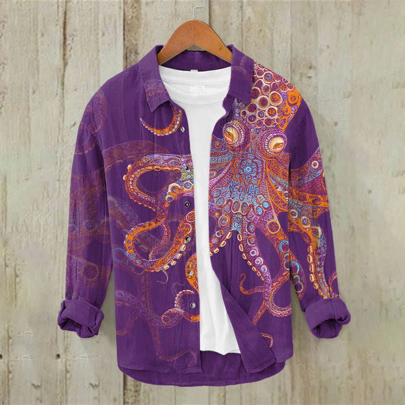 Unique Exquisite Octopus Pattern Print Casual Long Sleeve Lapel Shirt - Purple - 5XL - image 2