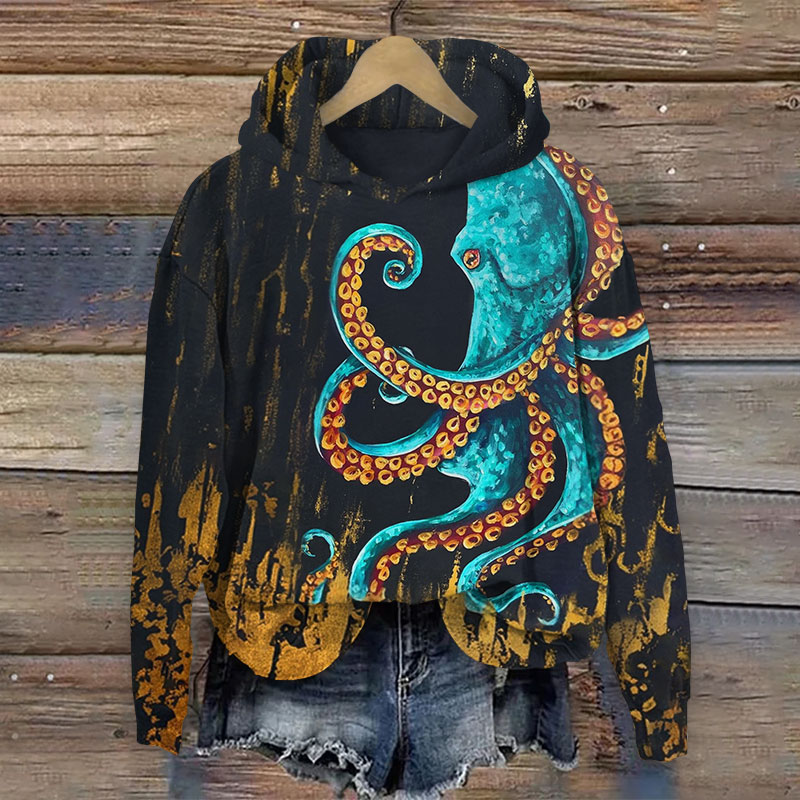 Mysterious Original Octopus Art Print Long Sleeve Hoodie - Black - US44-46(8XL) - image 3