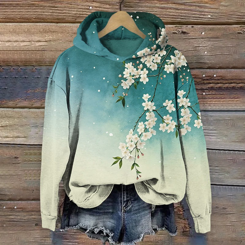 Japanese Color Block Pink Sakura Art Print Long Sleeve Hoodie - Green - US44-46(8XL) - image 3
