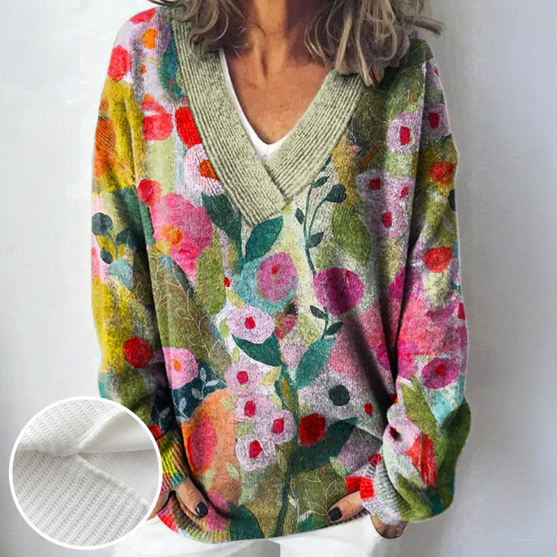 Women's Lovely Floral Art Print Causal V-neck Pullover Sweater - image 2