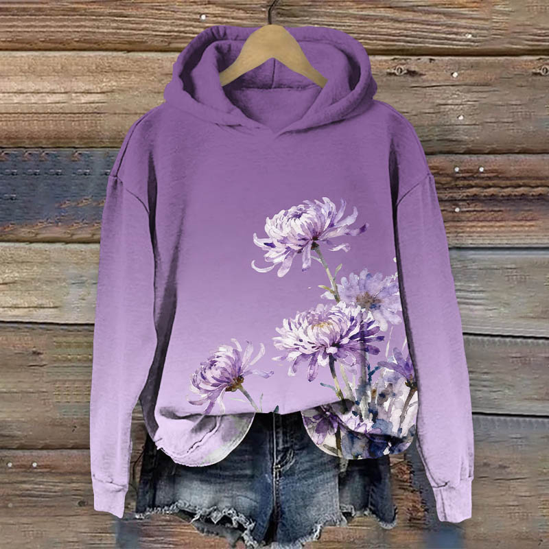 Watercolor Purple Chrysanthemum Print Long Sleeve Hoodie - Purple - US44-46(8XL) - image 4