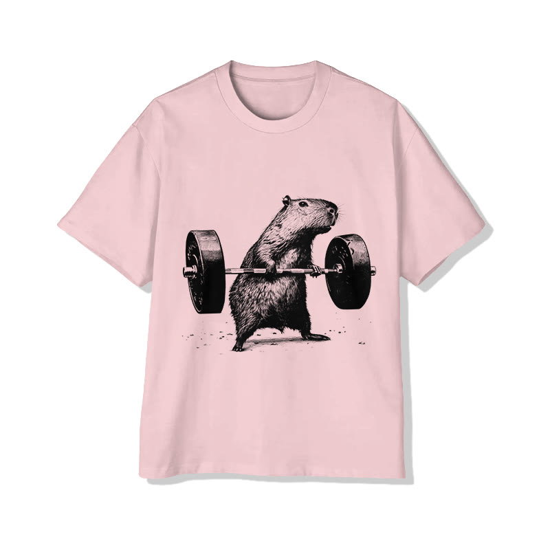 Unisex Capybara Lifting Weights Print Short Sleeved Crew Neck T-Shirt - Pink - 2XL - image 4