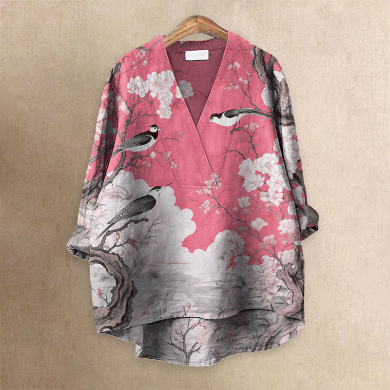 Japanese Flower And Bird Painting Art Printed Casual V-neck Blouse - Pink - 6XL - image 2