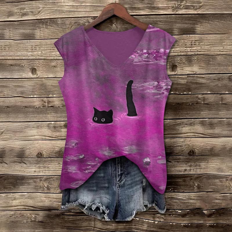 Women's Oil Painting Cat Print V-neck Tank Top - Purple - 5XL - image 5
