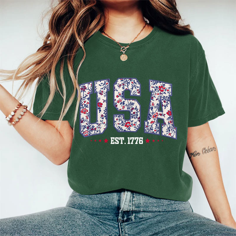 100% Cotton Women's Floral USA Art Print Casual T-Shirt - Dark Green - 2XL - image 5