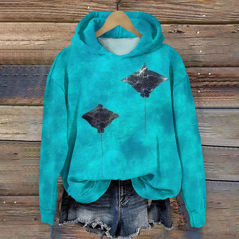 Manta Ray Art Print Long Sleeve Hoodie - Blue - 8XL - image 1