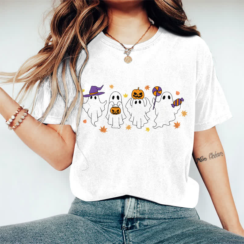 100% Cotton Halloween Dancing Ghost Art Print T-shirt - White - 2XL - image 7