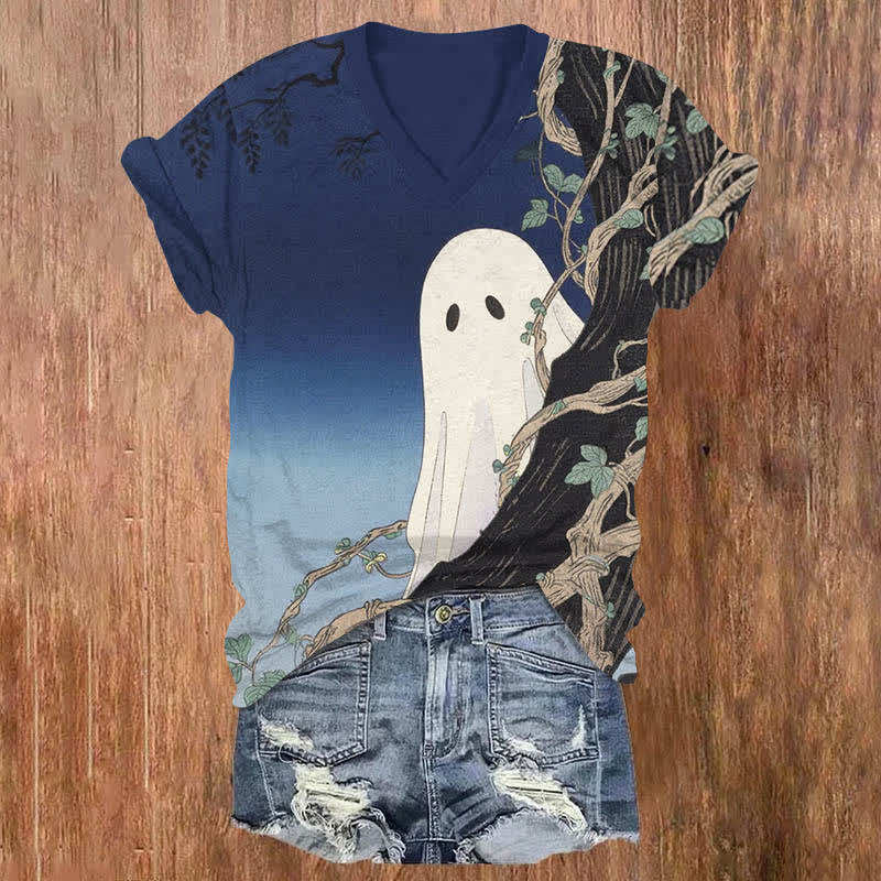 Halloween Funny Ghost Hiding Behind The Tree Print V-neck T-shirt - Blue - US32-34(5XL) - image 4