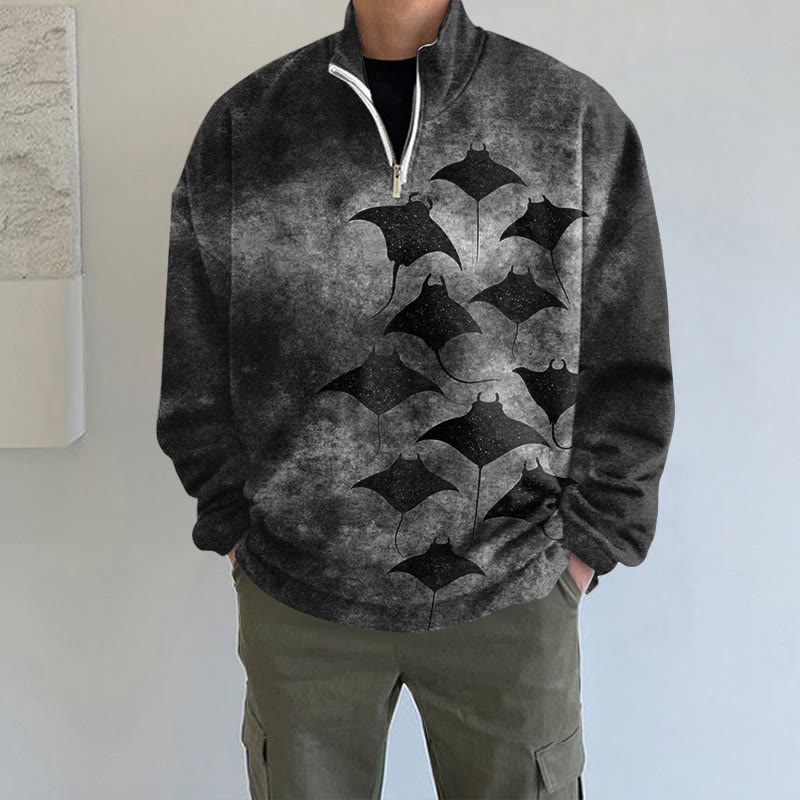 Men's Vintage Manta Ray Art Print Long Sleeve Zipper Sweatshirt - Grey - 5XL - image 7