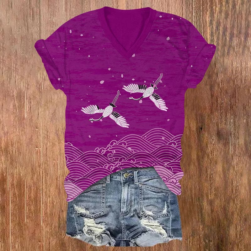 Japanese Art Waves Print  V-neck T-shirt - Purple - US32-34(5XL) - image 6