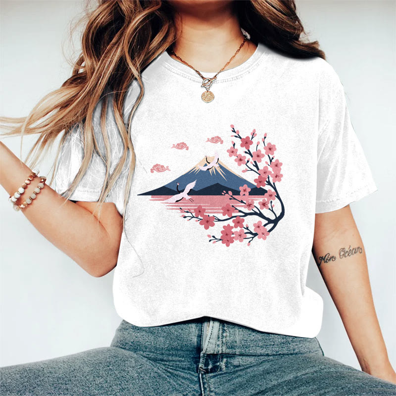 100% Cotton Women's Japanese Sakura Mount Fuji & Crane Art Print Casual T-shirt - White - 2XL - image 2