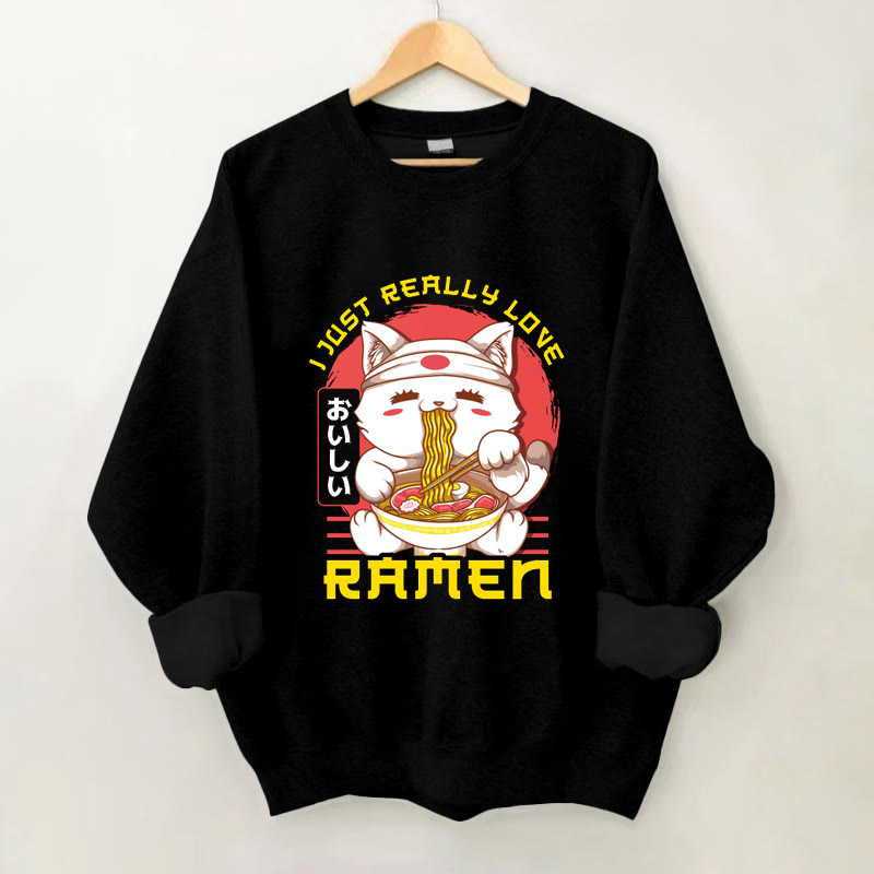 100% Cotton Japanese Cute Cat And Ramen Print Crew Neck Sweatshirt - Black - 2XL - image 1