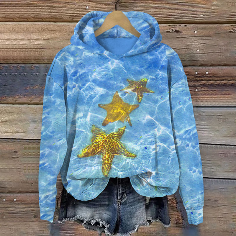 Crystal Clear Ocean Starfish Print Long Sleeve Hoodie - Blue - US44-46(8XL) - image 2