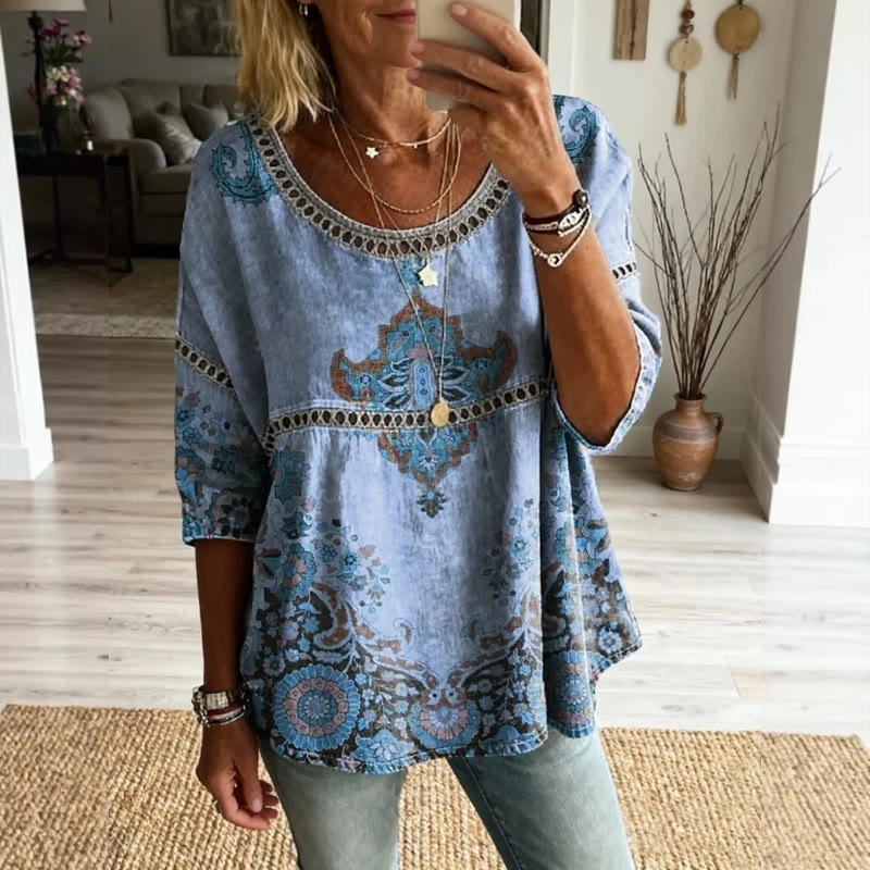 Boho Ethnic Totem Print Openwork Lace Splicing Round Neck Half Sleeve Blouse - Blue - 4XL - image 5