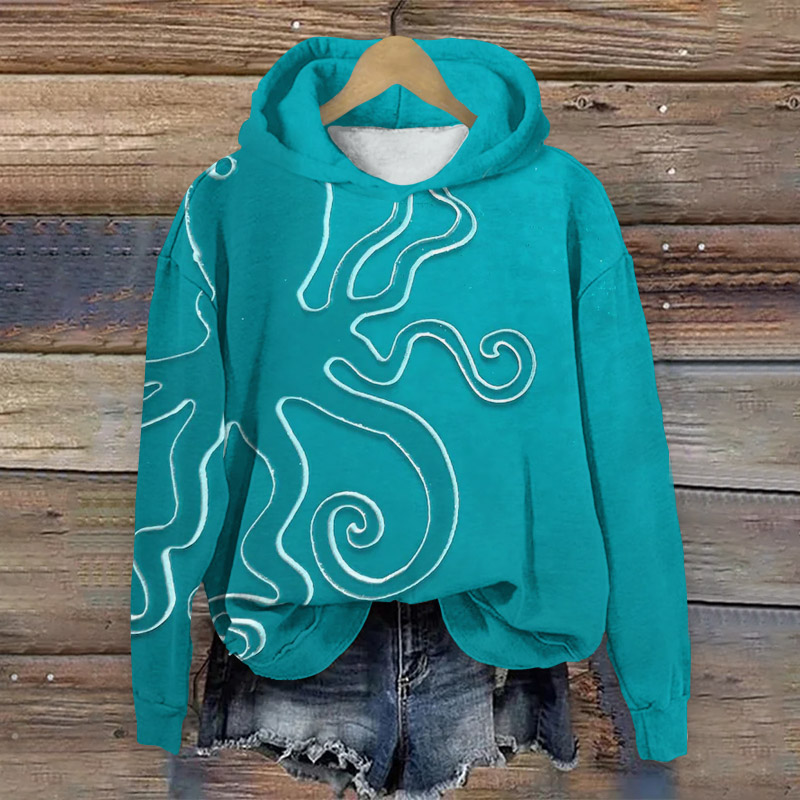 Japanese Art Abstract Line Octopus Print Long Sleeve Hoodie - Blue - 8XL - image 1