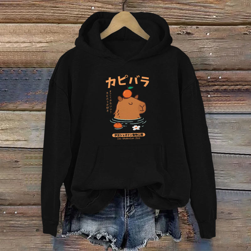 100% Cotton Cute Capybara With Orange Japanese Art Print Women's Hoodie - Black - 2XL - image 2