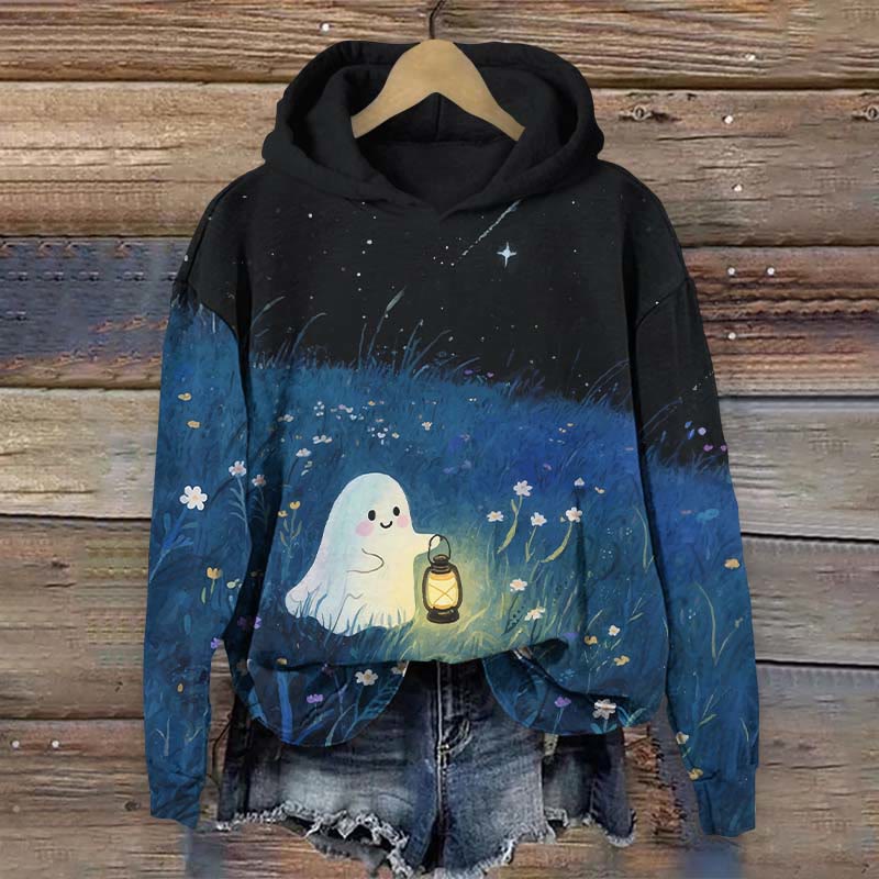 Halloween Lovely Ghost Holding Kerosene Lamp Print Long Sleeve Hoodie - Black - US44-46(8XL) - image 2