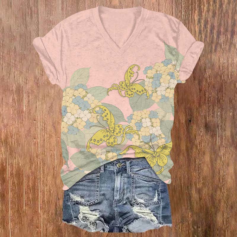 Japanese Cartoon Bouquet & Butterfly Art Print V-neck T-shirt - Pink - US32-34(5XL) - image 4