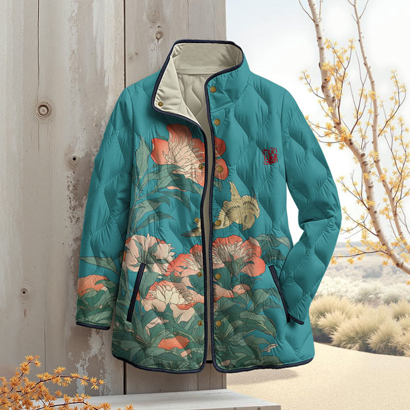Retro Flower Art Print Outerwear Jackets - Green - 4XL - image 4