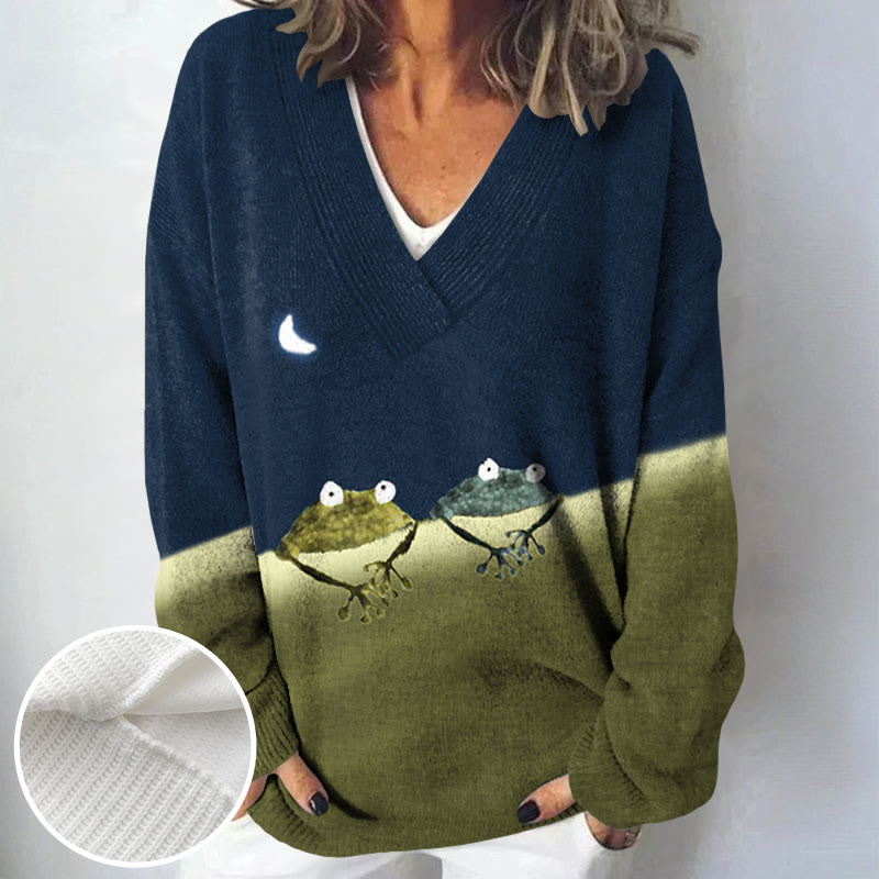 Simple Frog Color Block Print Causal V-neck Pullover Sweater - image 7