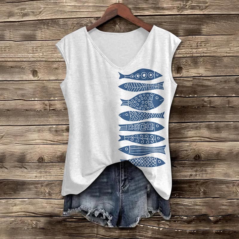 Dashingsoul Fish Japanese Lino Art Print V-neck Tank Top