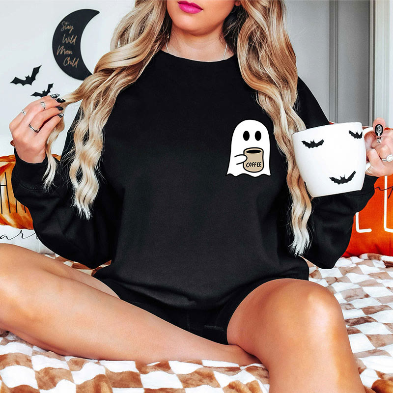 Plus Size Cute Ghost Coffee Sweatshirt Women Ghost Sweatshirt Ghost Season - Black - 5XL - image 6