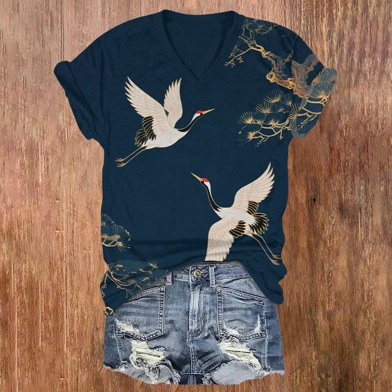 Japanese Vintage Couple Crane Art Print V-neck T-shirt - Blue - US32-34(5XL) - image 2