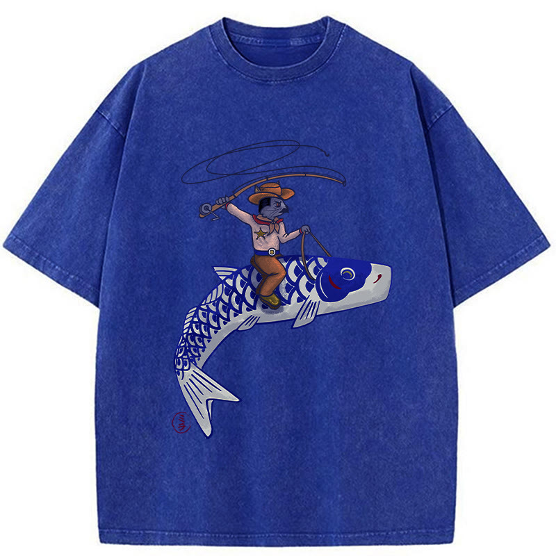 Unisex 100% Cotton Cowboy Mouse Ride Fish Print Acid Washed T-shirt - Blue - 3XL - image 7
