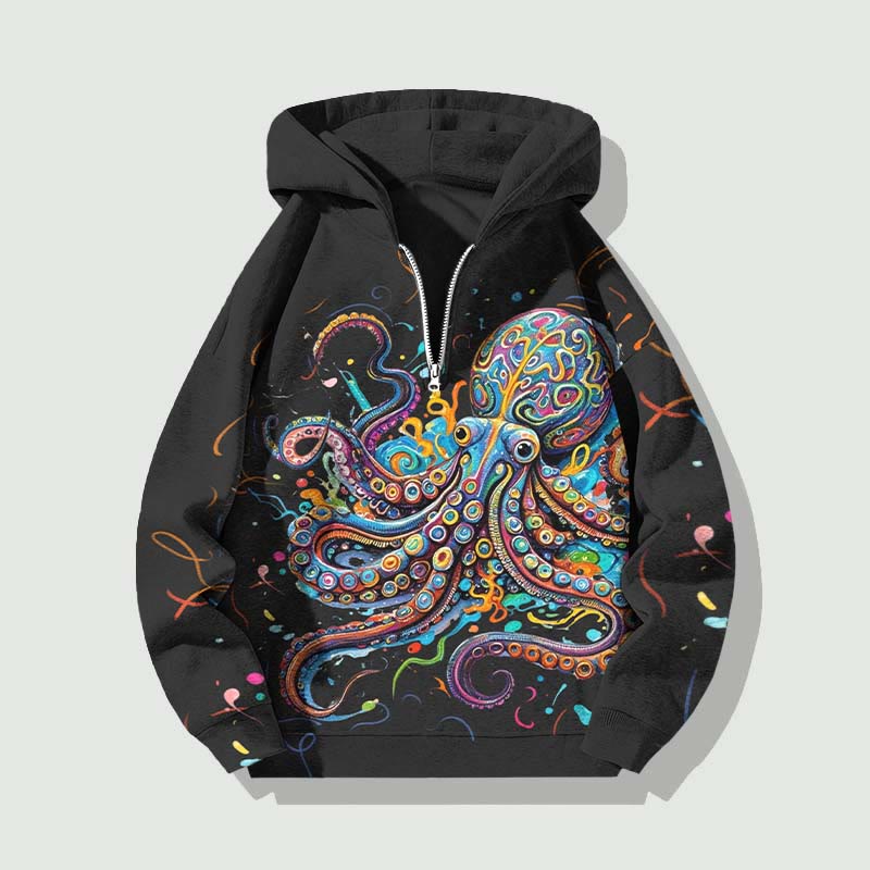 Unisex Vintage Rainbow Octopus Half Zip Hoodie - Black - US32-34(5XL) - image 7