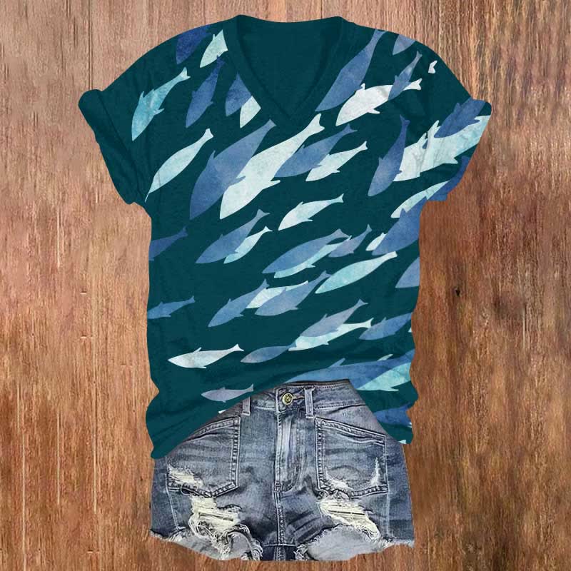 Vintage Ombre Fish School Art Print V-neck T-shirt - Green - US32-34(5XL) - image 3