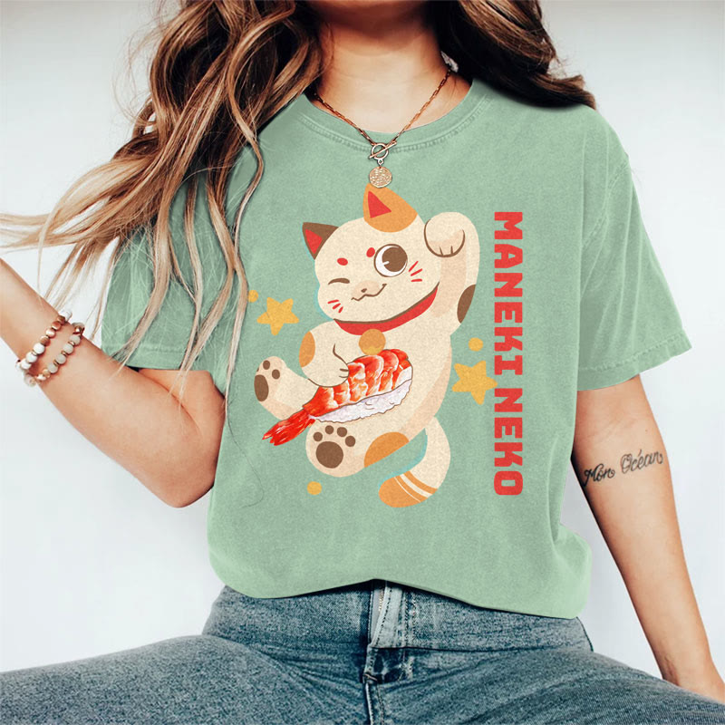 100% Cotton Women's Japanese Lucky Cat Holding Sushi Art Print Casual T-shirt - Green - 2XL - image 3