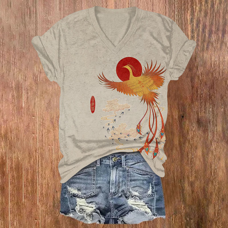 Phoenix Print V-neck T-shirt - Apricot - Green - image 2