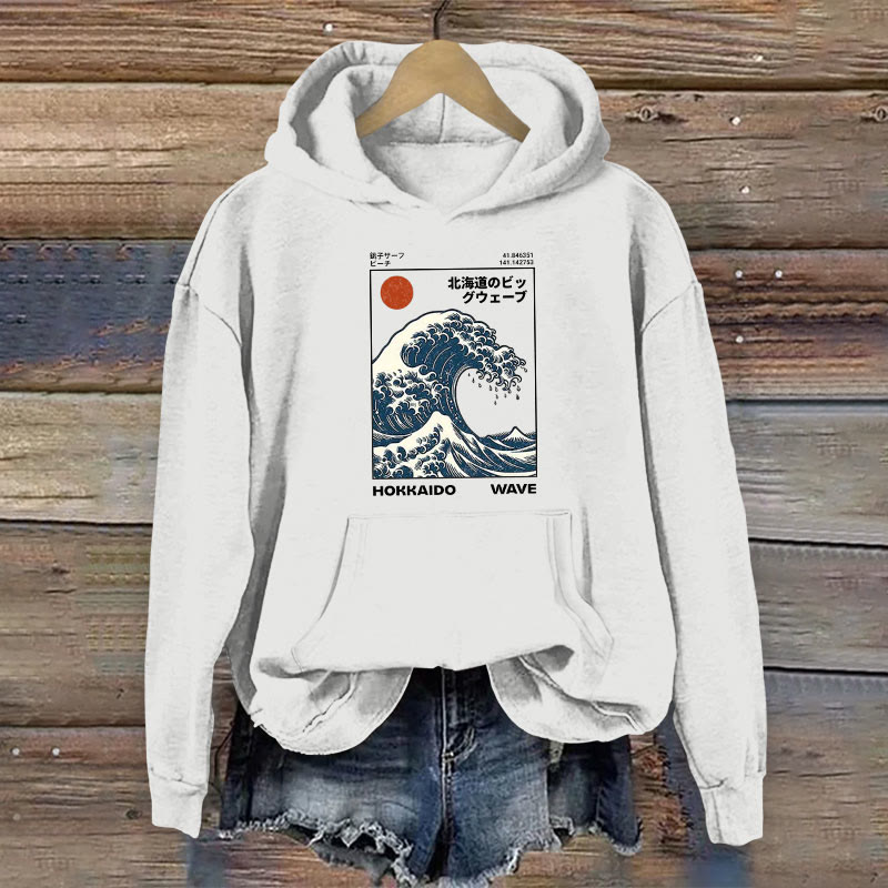 100% Cotton Hokkaido Wave Japanese Design Print Women's Hoodie - White - 2XL - image 4