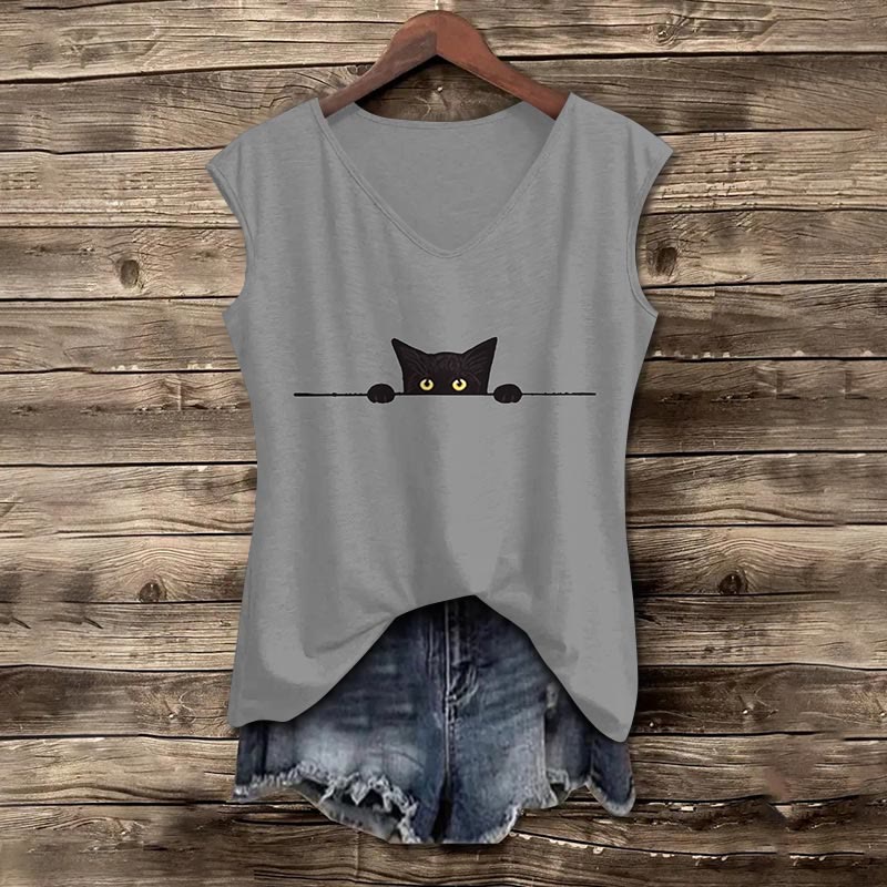Women's Casual Black Cat Print V-neck Tank Top - Grey - 5XL - image 3