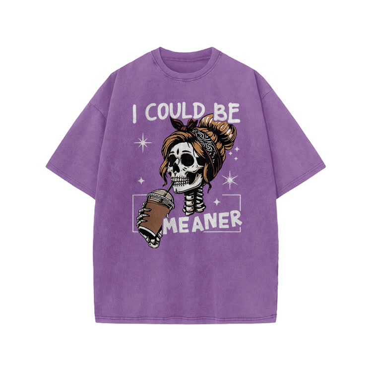 I Could Be Meaner Skeleton Print Acid Washed T-shirt - Purple - US20-22(3XL) - image 4