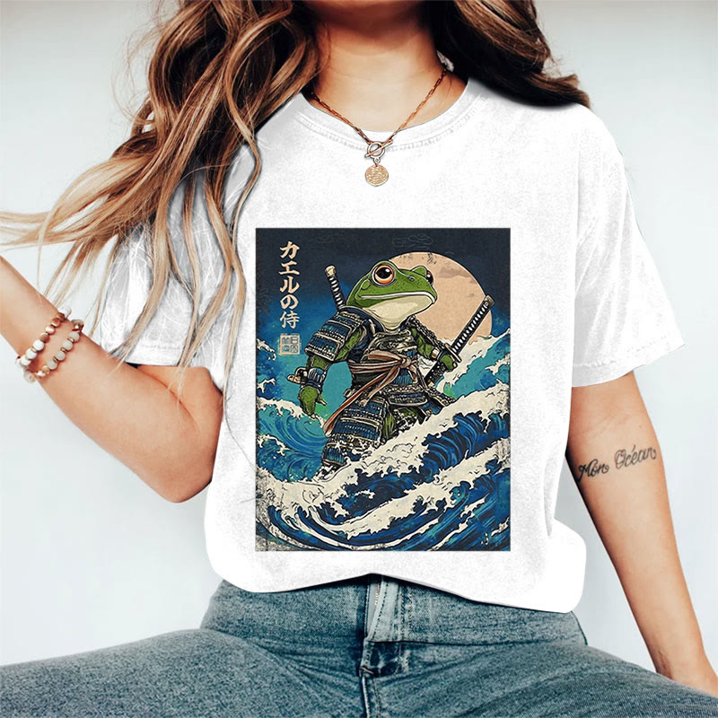 100% Cotton Women's Japanese Ocean Wave Samurai Frog Art Print Casual T-shirt - White - 2XL - image 3