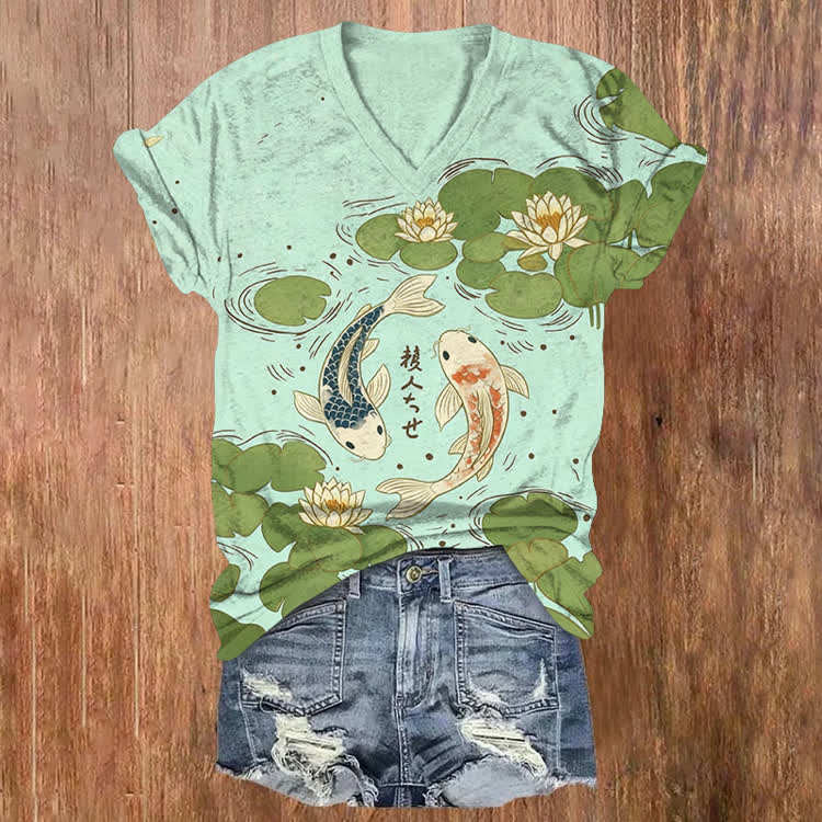 Japanese Koi In The Lotus Pond Pattern Print Short Sleeved V-Neck T-Shirt - Mint - US32-34(5XL) - image 7