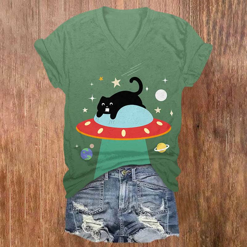 Funny Black Cat Sleeping On UFO Print V-neck T-shirt - Green - US32-34(5XL) - image 5