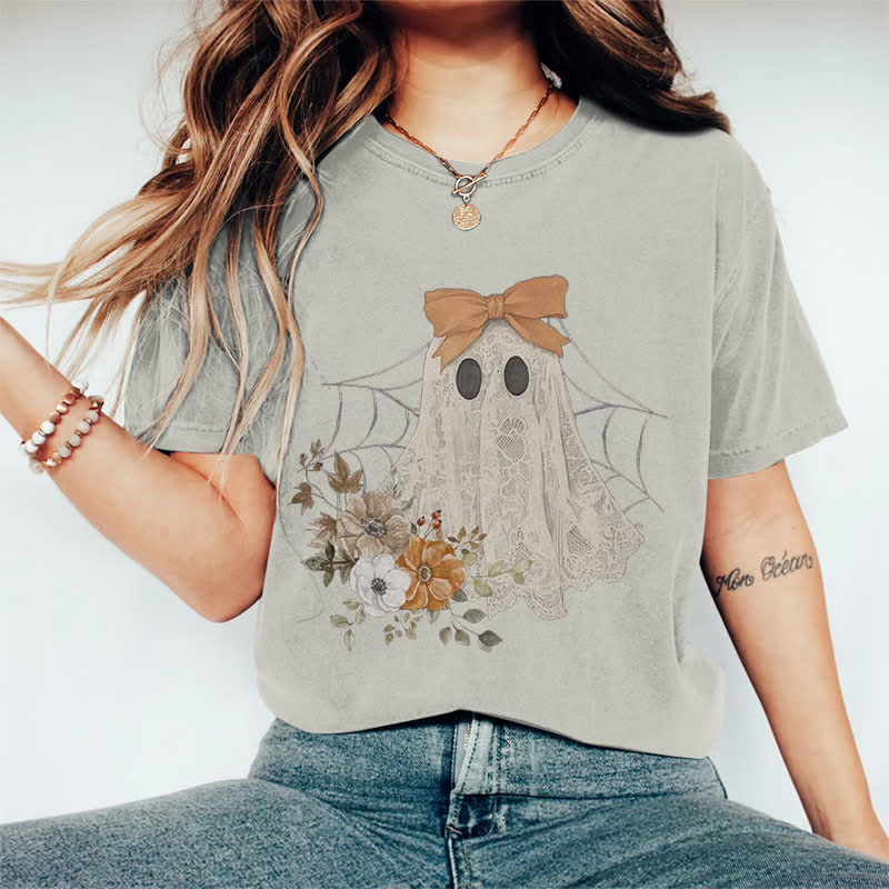 100% Cotton Halloween Funny Floral Bow Ghost Art Print T-shirt - Warm Grey - 2XL - image 9