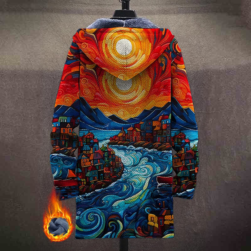 Oil Painting Style Seaside Town Print Unisex Plush Thick Long-sleeved Fleece Jacket Coat - image 3
