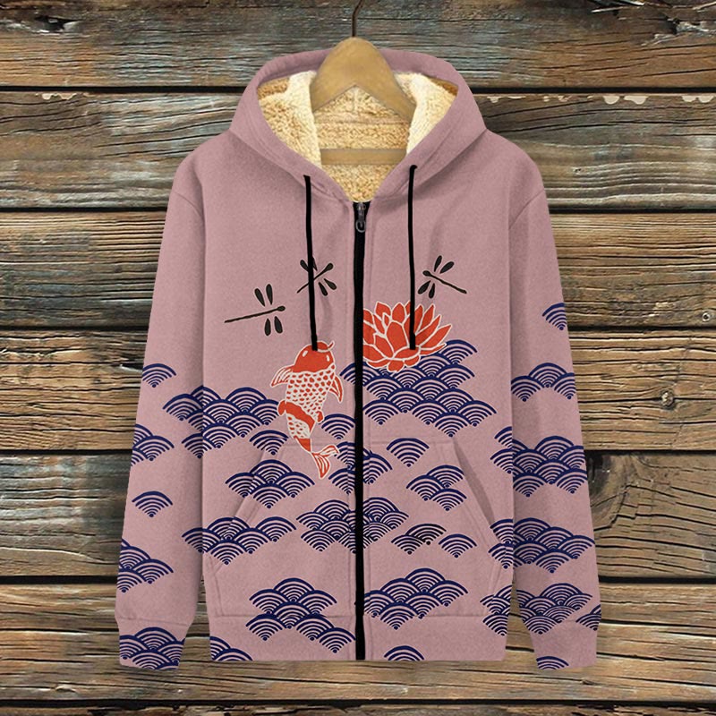 Japanese Style Koi Fish Dragonfly Wave Art Print Fleece Jacket - Pink - 4XL - image 3