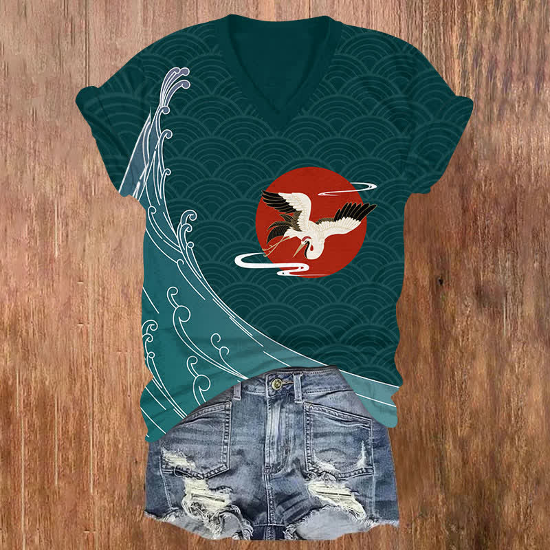 Japanese Vintage Wave Pattern & Crane Print V-neck T-shirt - Green - US32-34(5XL) - image 2